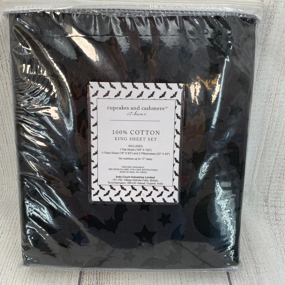 Cupcakes and Cashmere Sheet Set King Black Bat Moon Star Cotton Halloween Spooky